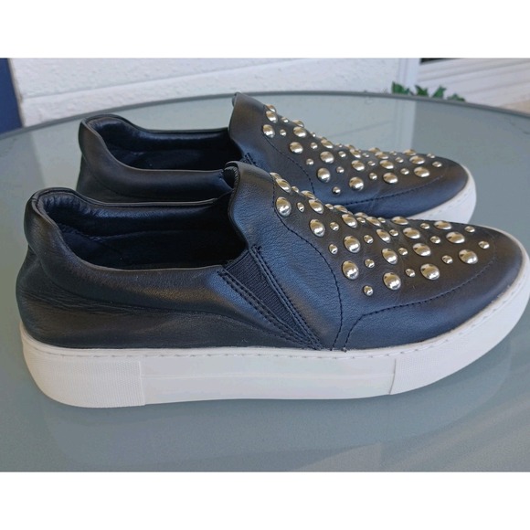 J Slides NYC Black Leather Studded Slip On Plarform Sneakers Women's Size 8.5 - Picture 4 of 7